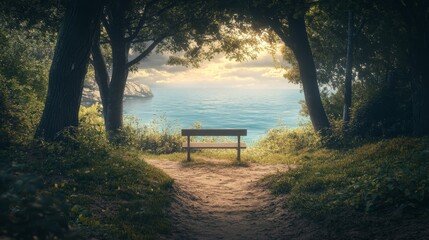 A serene view of a bench framed by trees, leading to a tranquil body of water, evoking peace and natural beauty.