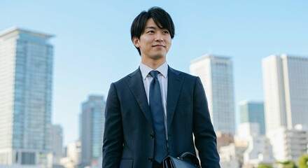 Young Japanese Businessman in Formal Suit Holding Briefcase in Modern Cityscape