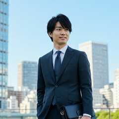 Young Japanese Businessman in Formal Suit Holding Briefcase in Modern Cityscape