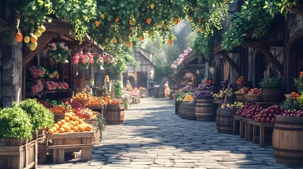 A medieval village farmers' market with vendors selling glowing fruits and love potions. The scene exudes a mysterious, retro fantasy vibe, ideal for book covers, novels, or adventure game ads.