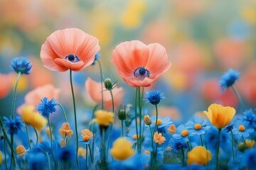 Obraz premium Vibrant flowers bloom beautifully in this serene garden. The colorful scene captures the essence of spring, showcasing various flower seeds flourishing in the sunlight.