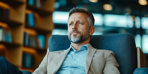 Obraz premium confident businessman in cream colored suit sits in modern office lounge, exuding focus and determination, with bookshelves and soft lighting in background