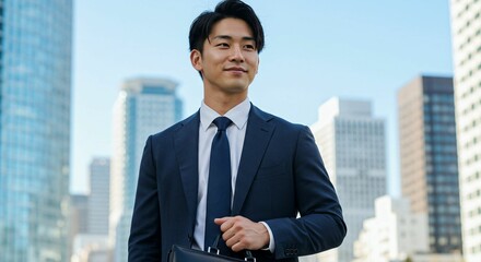 Fototapeta premium Ambitious Japanese Businessman in the Heart of the City: A Vision for Success 都市の中心で野心を持つ日本人ビジネスマン：成功へのビジョン