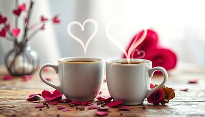 Fototapeta premium Two coffee cups with heart-shaped steam rising, set against a cozy Valentine backdrop.