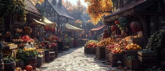 A medieval village farmers' market with vendors selling glowing fruits and love potions. The scene exudes a mysterious, retro fantasy vibe, ideal for book covers, novels, or adventure game ads.