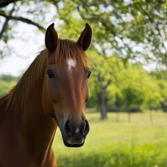 Fototapeta premium Stunning Brown Horse in a Lush Green Pasture