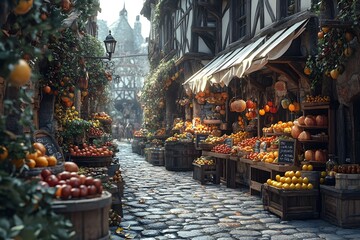 A medieval village farmers' market with vendors selling glowing fruits and love potions. The scene exudes a mysterious, retro fantasy vibe, ideal for book covers, novels, or adventure game ads.