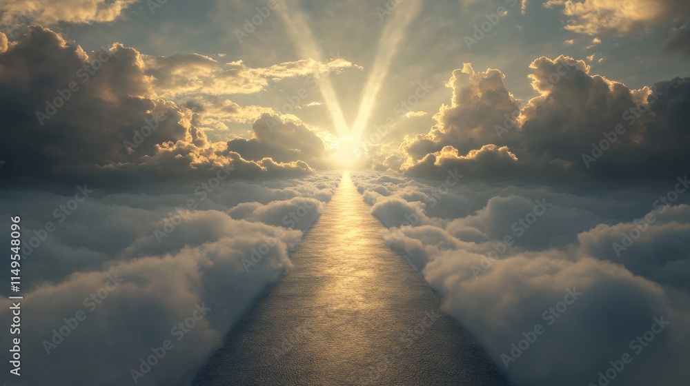 Poster a breathtaking view of sunlight piercing through clouds over a serene ocean, creating a pathway of l