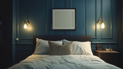 Cozy bedroom featuring a blank frame on the wall, ideal for displaying custom artwork.