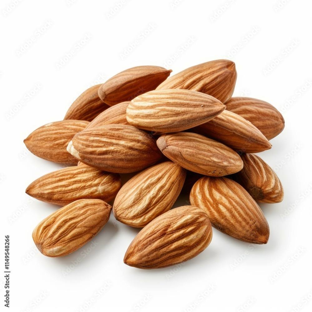 Poster shelled almonds are piled together, creating a small mound of nuts on a clean white background