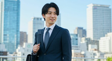 Fototapeta premium Ambitious Japanese Businessman in the Heart of the City: A Vision for Success 都市の中心で野心を持つ日本人ビジネスマン：成功へのビジョン