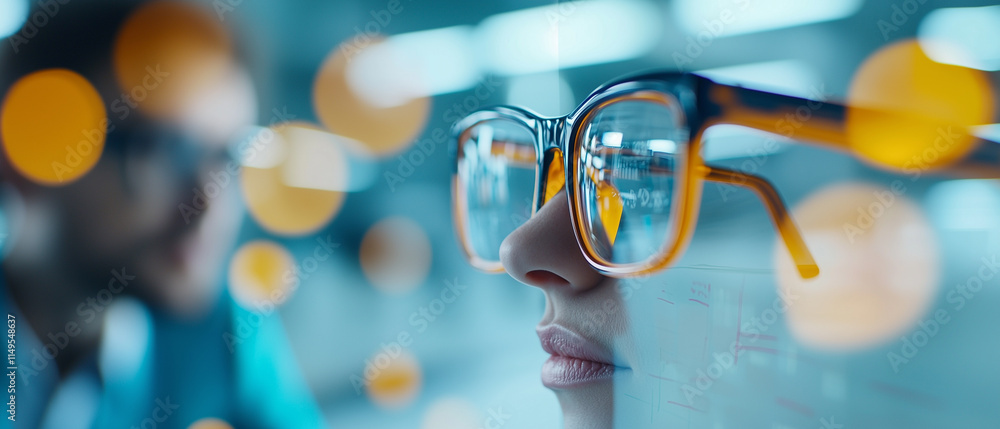Poster close up of woman wearing stylish glasses, reflecting digital interface, with blurred background and