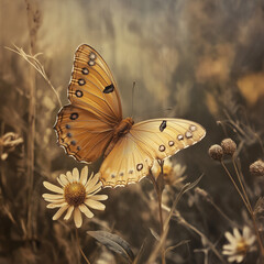 A golden butterfly resting on a flower with a garden in bloom
