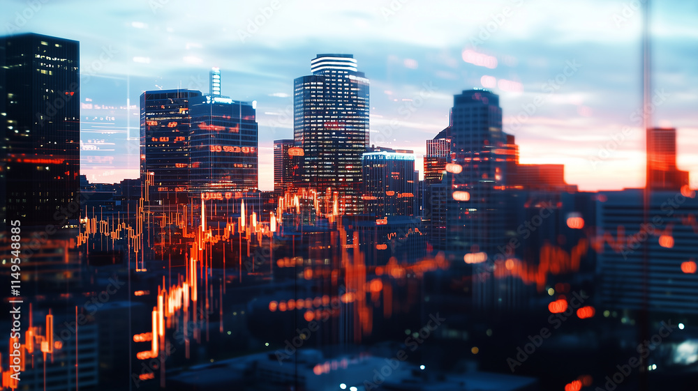 Aufkleber vibrant city skyline at sunset with stock market graph overlay, symbolizing financial growth and urb