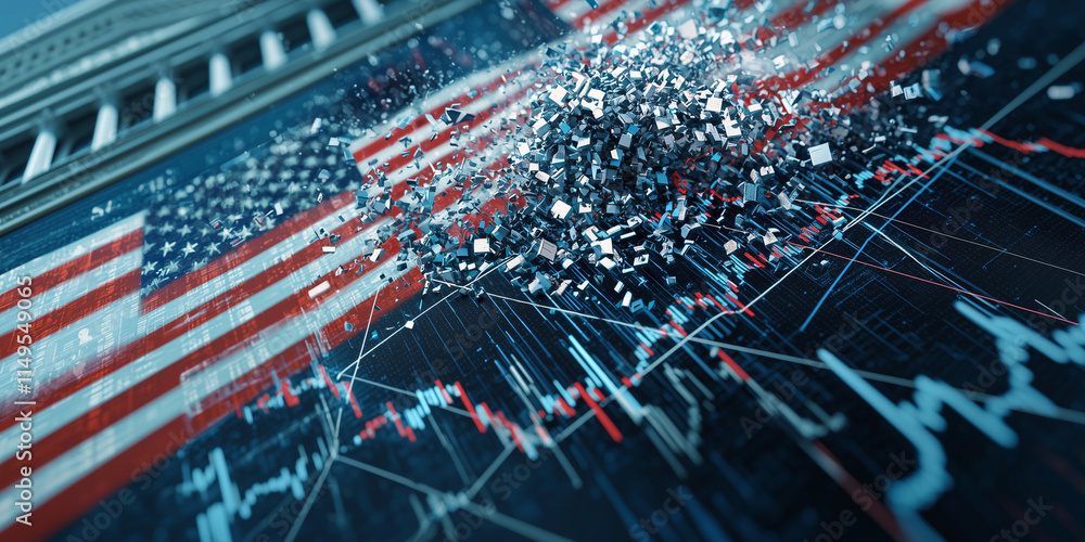 Aufkleber digital stock graph crashing with fragmented cubes amidst backdrop of U.S. flag and government building, symbolizing financial instability and economic challenges