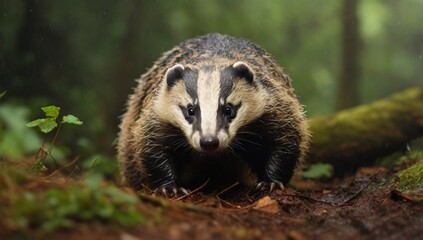 Badger in the forest, animal in nature habitat, Germany, Europe. Wild Badger, Meles meles, animal in wood. Mammal in environment, rainy day.
