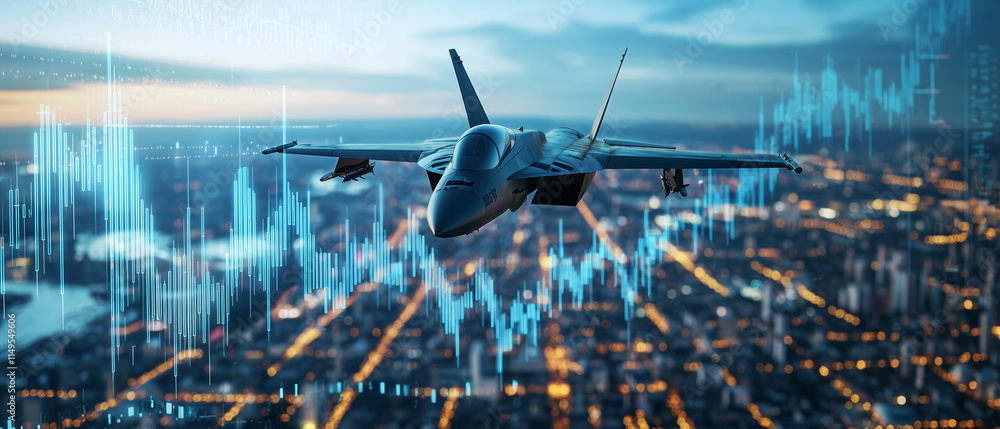 Poster fighter jet soars over glowing cityscape at dusk, with stock market graphs and data overlays symboli