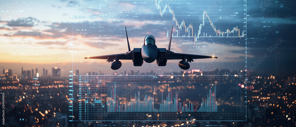 Poster fighter jet soars over cityscape at dusk, with glowing stock market graphs and data overlays symboli