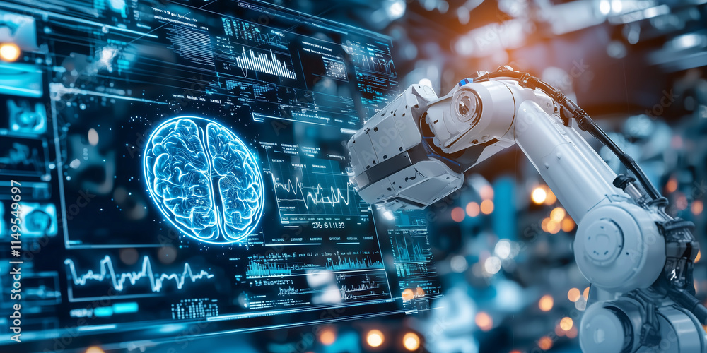 Leinwandbilder robotic arm interacts with futuristic digital interface displaying glowing brain hologram, symbolizing artificial intelligence and advanced technology in high tech environment