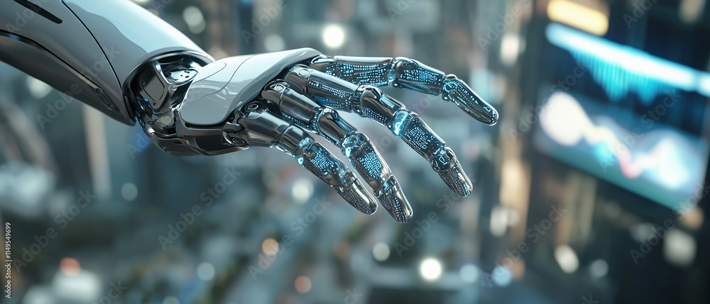 Poster futuristic robotic arm with intricate metallic details extends in high tech cityscape, symbolizing a