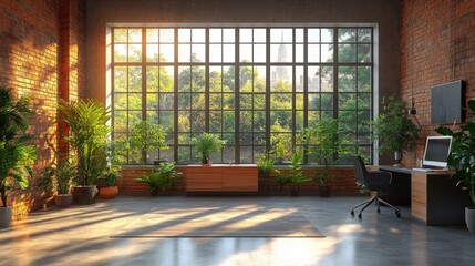 Fototapeta premium Sunlit, plant-filled office, brick walls, large window.