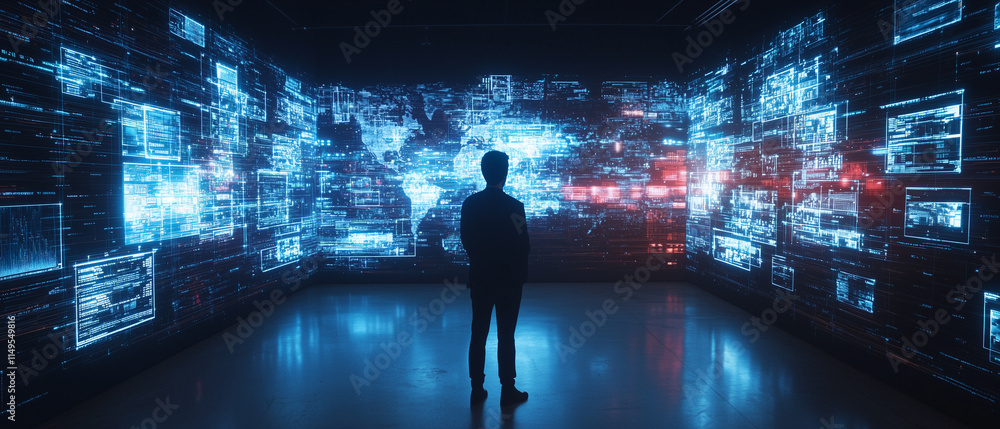 Poster man stands in futuristic room surrounded by glowing holographic screens displaying data, maps, and a