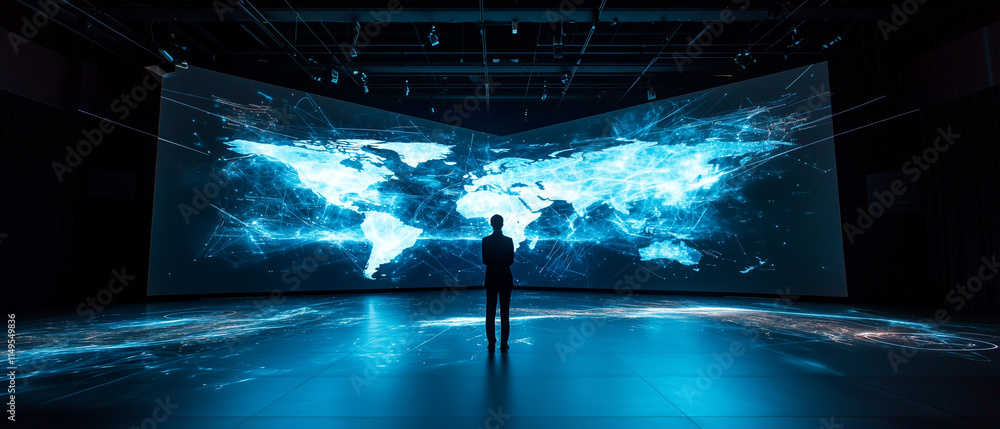 Poster man stands in front of high tech holographic global map displaying interconnected data and military like control systems in futuristic command center