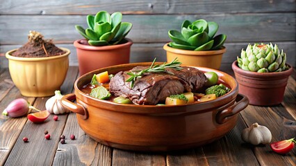 pot roast in a ceramic pot with succulents on the table, succulent pot roast