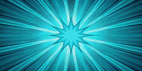 Obraz premium Retro Comic Book Background: Bright Turquoise Explosion with Halftone Shadows and Blue Stripes