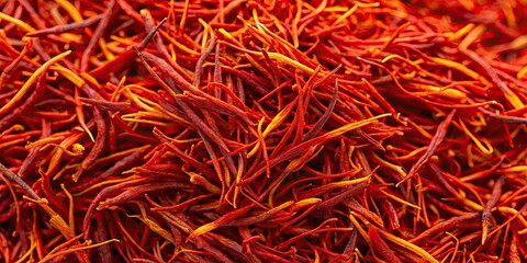 Fototapeta premium Saffron Threads in Full Frame, golden saffron threads, intricate details, yellow, golden hue