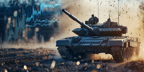 military tank advances through battlefield, surrounded by dust and debris, with digital data overlay symbolizing technology integration in modern warfare