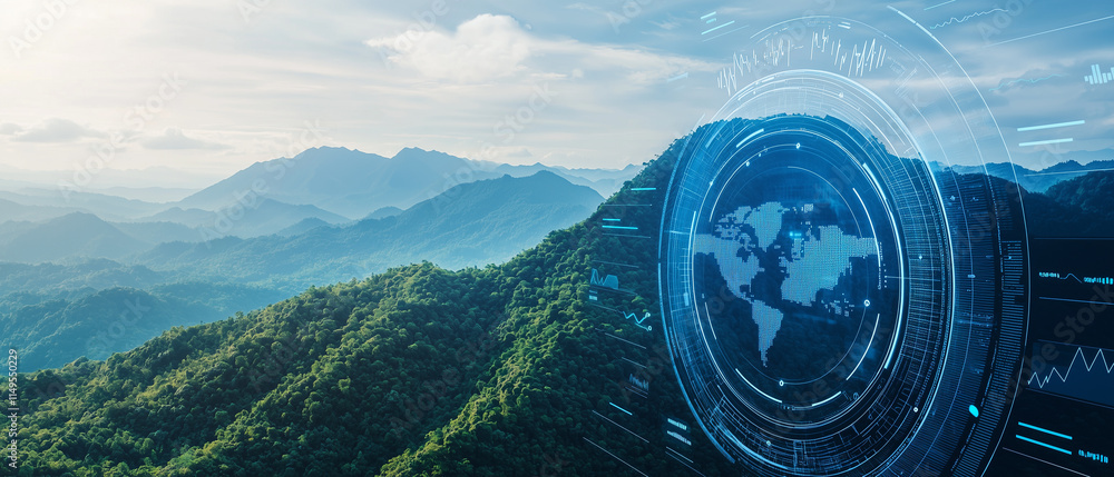 Poster serene mountain landscape with futuristic digital interface overlay analyzing environmental data, symbolizing technology and nature integration