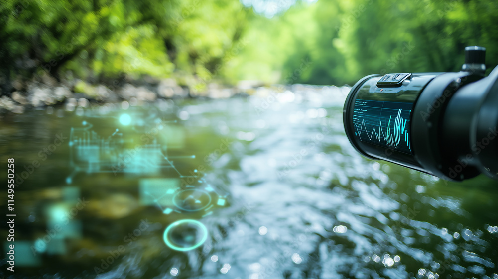 Poster serene river with robotic arm analyzing health data, featuring futuristic holographic displays and s