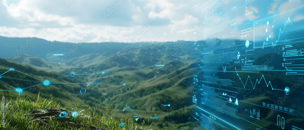 Poster serene valley with futuristic holographic interface analyzing environmental data, blending nature an