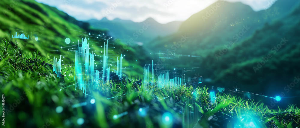 Poster serene valley with lush greenery and futuristic holographic data visualizations overlaying environment, symbolizing advanced environmental analysis and technology