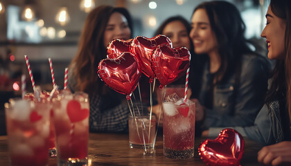 A group of friends celebrating Valentine's Day with heart-shaped balloons, fun decorations, and themed drinks in a cozy atmosphere