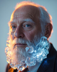 Elderly Man with a Crystalline Ice Beard Reflecting Ambient Glowing Highlights