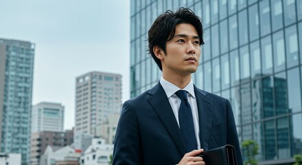 Ambitious Japanese Businessman in Smart Suit Walking through Urban Skyscraper District　高層ビル街を歩くスマートなスーツ姿の野心的な日本人ビジネスマン