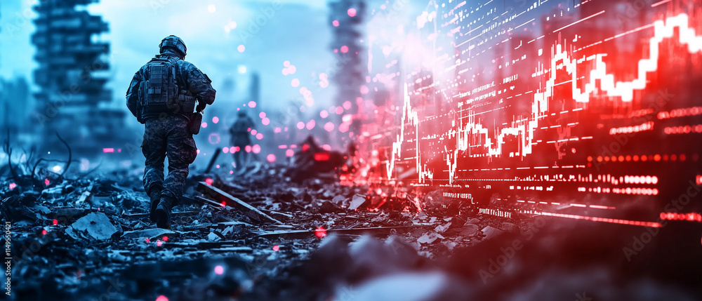 Aufkleber soldier walking through destroyed city with stock market graph overlay, symbolizing chaos and uncert