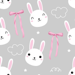 Seamless pattern with hand drawn cute rabbit with pink ribbon bow for children textile, nursery decoration, gift wrap paper, kids bedding, baby's shirt. Vector illustration