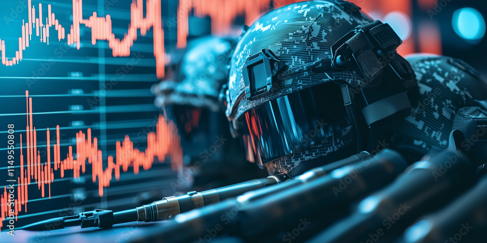 Poster digital stock market graph is overlaid with military helmets and weapons, symbolizing intersection o