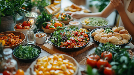 Colorful spread of fresh dishes and ingredients at a gathering in a cozy setting. 