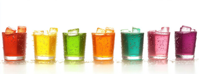 A vibrant assortment of colorful fizzy drinks in glasses with ice cubes against a white background, showcasing a refreshing and lively presentation.