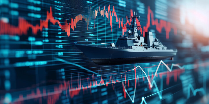 warship sailing through stock market graph symbolizes navigating financial challenges and market volatility, blending military strength with economic strategy