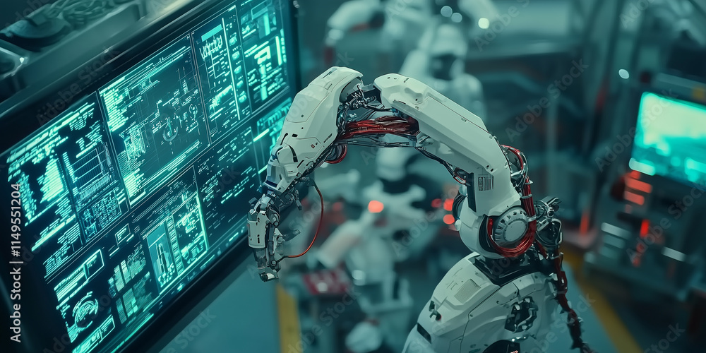 Aufkleber robotic arm operates in high tech environment, interacting with digital screens displaying complex data, showcasing advanced technology and automation