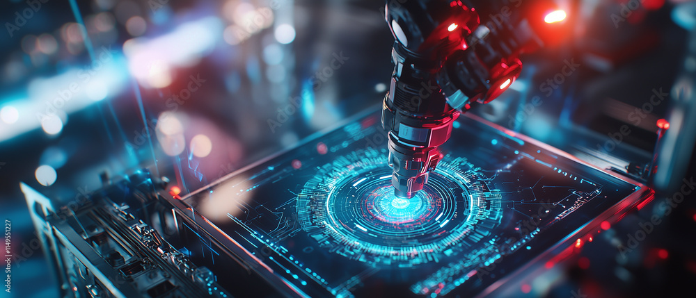 Aufkleber robotic arm interacts with futuristic digital interface in high tech environment, showcasing advanced technology and innovation in automation and artificial intelligence