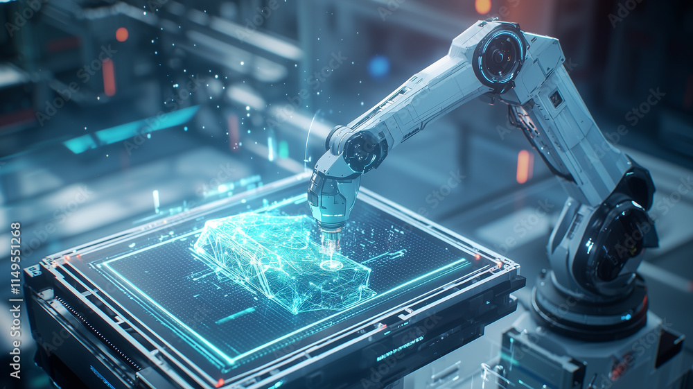 Poster robotic arm operates in advanced industrial setting, interacting with glowing digital interface to m