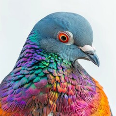 Close up portrait of a nicobar pigeon showcasing its vibrant and iridescent plumage against a clean white backdrop