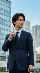 Confident Young Male Executive Holding Briefcase with Modern Skyscrapers in the Background