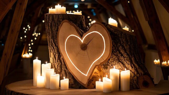 Romantic Wooden Heart Decorated with Candles